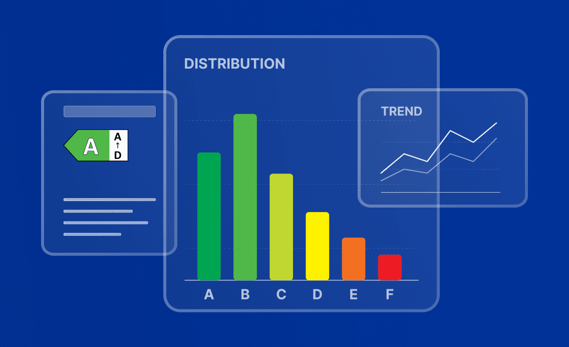 Illustration of an energy label, a class-distribution chart, and a trend chart